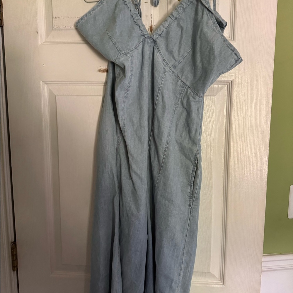NEW Free People Curvy Soul Ties One-Piece Medium Wash Denim Lace-Up Jumpsuit